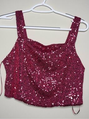 Rachel Zoe XS Deep Pink Sequin Square Neck Cropped Tank Top